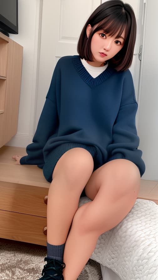  Room V sweater with dark blue-green buttons Brown hair semi-straight long woman with lowered eyebrows