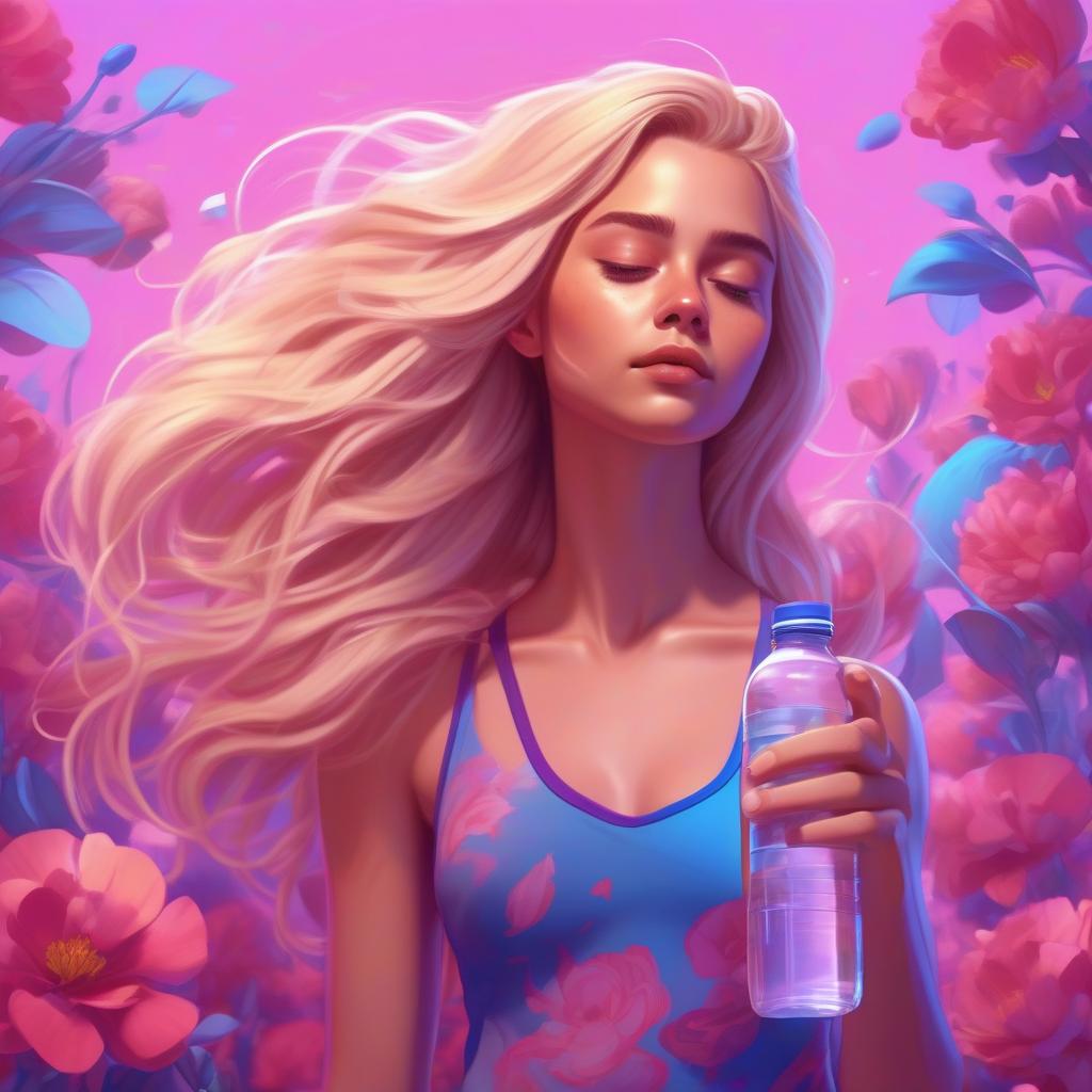  art of fantasy sporty girl with flowers inside her head like her thoughts and growing from her long very thick blondy hair, hair fluttering in the wind realistic with bottle of water in her hands pink and blue and purple colors on the background cartoon style 3d, hq, 4k for modern mobile app