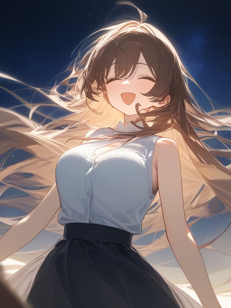  a girl who is laughing at me, bright brown hair, long hair, transparent fleeting, facing here, laughing, under the starry sky, facing here, i am looking at me, wearing a white cardigan over the black sleeveless dress, above the chest, masterpiece, best quality,8k,ultra detailed,high resolution,an extremely delicate and beautiful,hyper detail