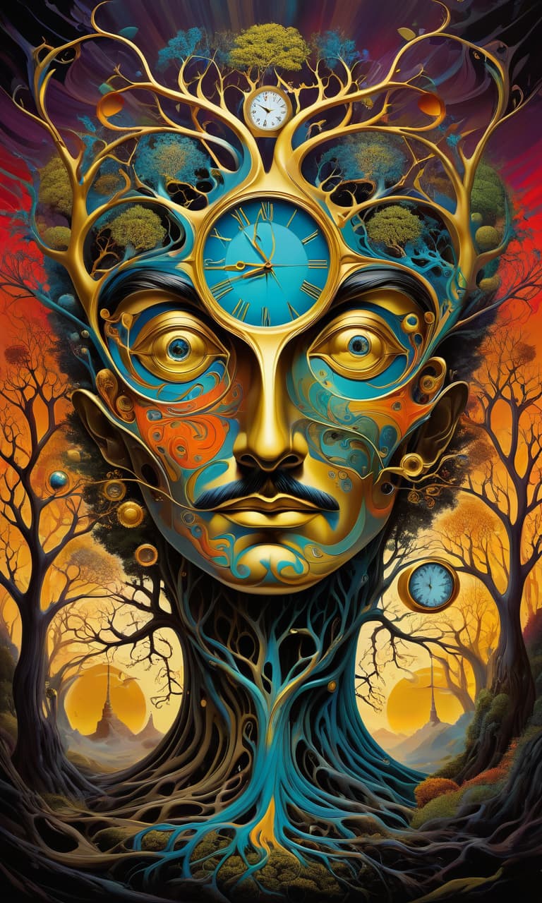  salvador dali inspired psychedelic poster depicting, head, face, eyes open, lens in one eye, back of head turns into branches, psychedelic elements integrating tree of life into surreal, abstract painting, twisted shapes, melting clock, fantasy landscape, vibrant hues, golden ratio composition, ultra fine details, digital painting.