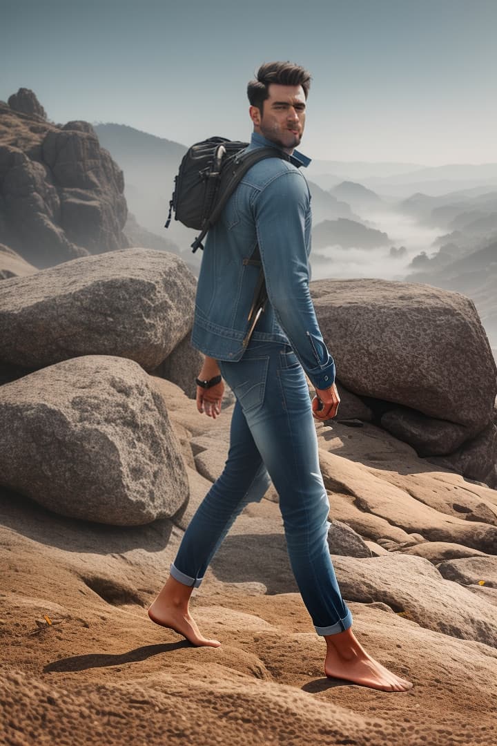  a barefoot man hyperrealistic, full body, detailed clothing, highly detailed, cinematic lighting, stunningly beautiful, intricate, sharp focus, f/1. 8, 85mm, (centered image composition), (professionally color graded), ((bright soft diffused light)), volumetric fog, trending on instagram, trending on tumblr, HDR 4K, 8K