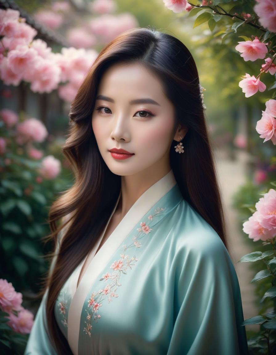  cinematic film still a painting of a beautiful graceful chinese woman with long hair, by qiu ying, no gradients, wearing silk, flowers, in a garden, beautiful oil painting . shallow depth of field, vignette, highly detailed, high budget, bokeh, cinemascope, moody, epic, gorgeous, film grain, grainy