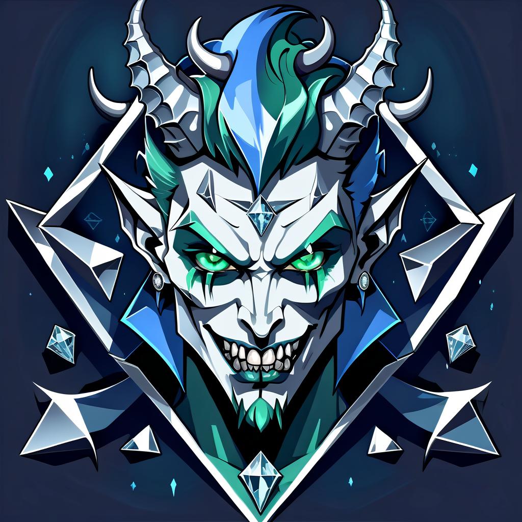  macabre style diamond devil, portrait. dark green eyes, man. kind. hair gray. with fangs and horns. colors blue, blue, silver . dark, gothic, grim, haunting, highly detailed