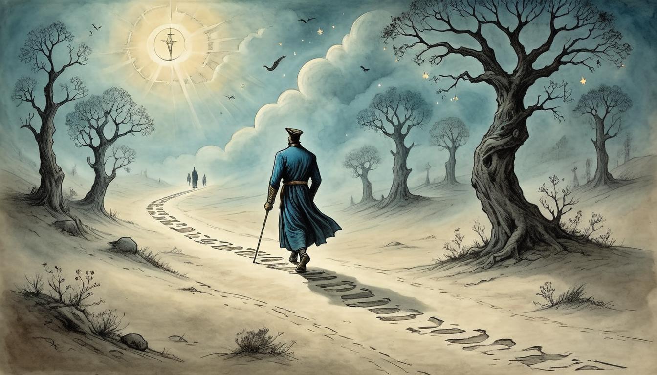  on parchment, surrealism+++, a confident individual, striding away purposefully, celestial path ahead, glowing footprints left behind, symbolizing independence, freedom, self validation(mysterious, provocative, symbolic,muted color)+++