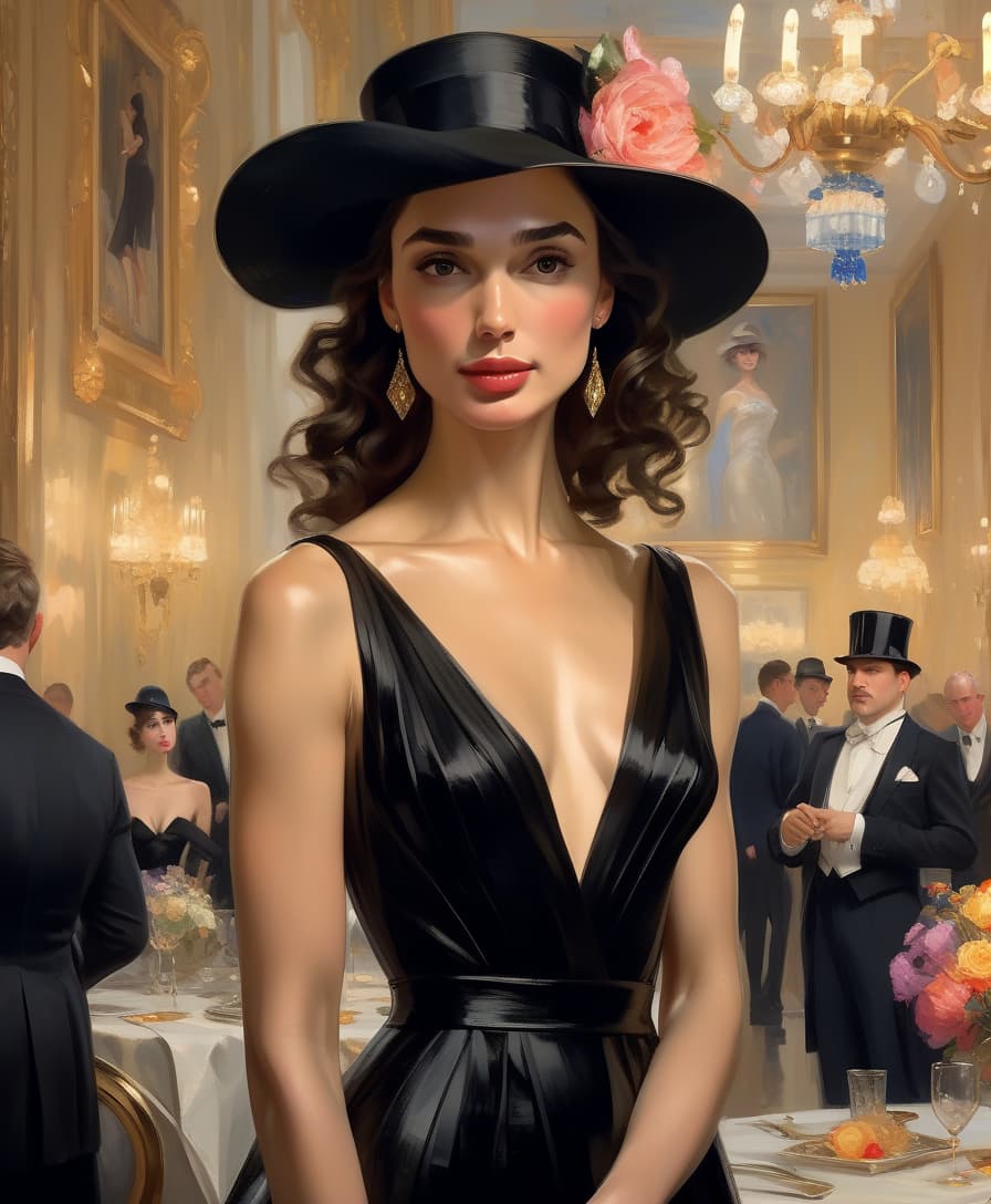  an elegant woman ((gal gadot)) in a black dress and hat at a fancy reception. charming, the works of konstantin razumov, "black outfit", "shabby chic", "fine art", klimt and mucha, the works of serge marshennikov keep the face the same, just increase the size of the image.