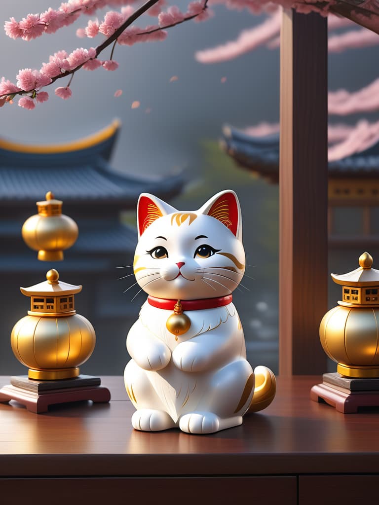  "a charming maneki neko (lucky cat) sitting on a wooden counter, its paw raised in a beckoning gesture, symbolizing wealth and prosperity. the cat is adorned with a golden bell and a red collar, with shiny gold coins scattered around its base. the maneki neko's fur gleams in soft light, and its expression is joyful and welcoming. behind it, traditional japanese decor with lanterns and cherry blossoms adds a warm, festive atmosphere. the overall scene exudes a sense of luck, financial success, and happiness, radiating positive energy and abundance." photo realistic, highly intricate and detailed, masterpiece, ultra high res,photography,8k resolution