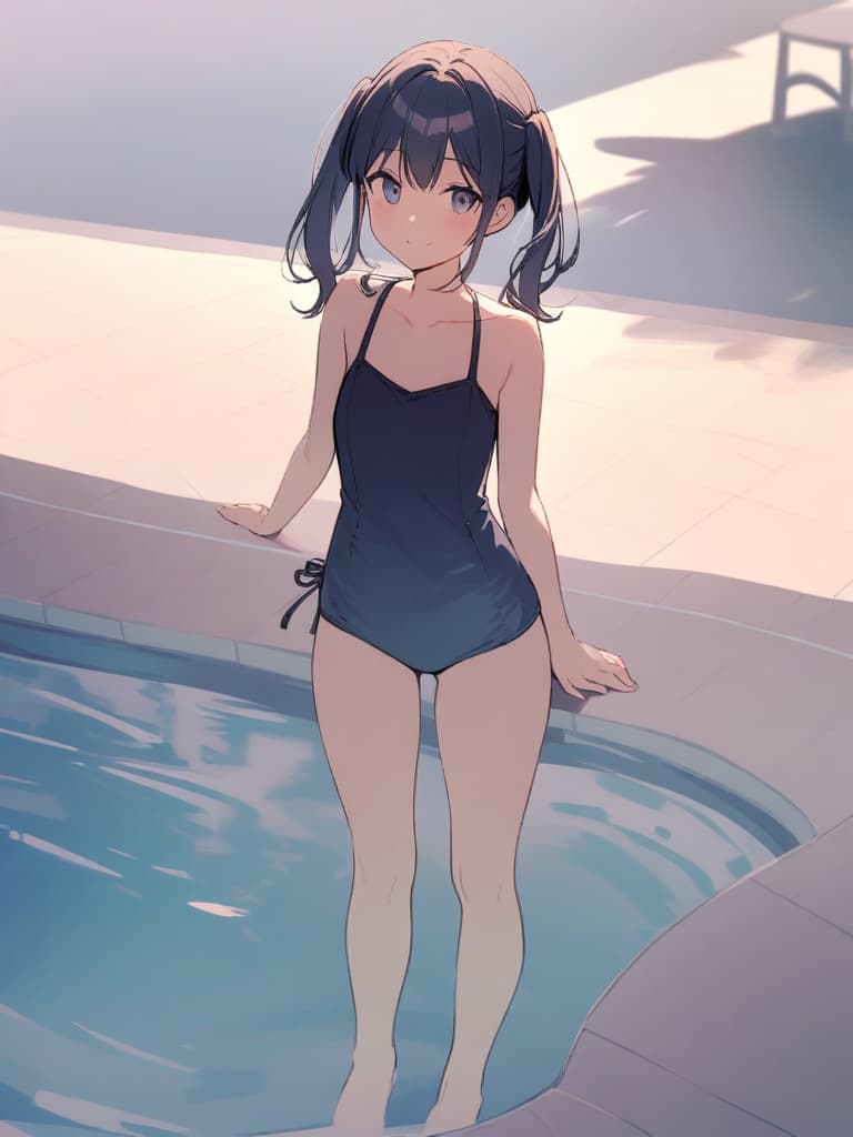  women's elementary student, dark blue swimwear, old swimwear, swimwear, , simple, male , shaped clear pure, shaped clear, clear phimosis, shaped crisp, shaped clear, front, cute smile, twin tails, whole body, whole body. , poolside,