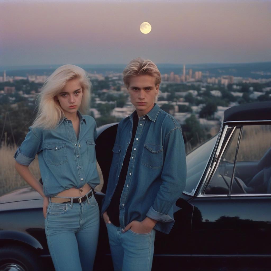  analog film photo a platinum blonde girl takes pictures on a polaroid in a black shirt and stands next to a blonde guy in a denim shirt, standing by a black car, a view from a hill, in the background the city, the time of dusk, a full light moon, the style of the 80 90s. . faded film, desaturated, 35mm photo, grainy, vignette, vintage, kodachrome, lomography, stained, highly detailed, found footage