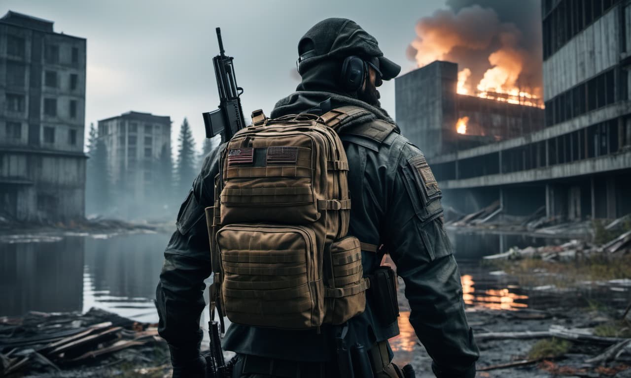  dystopian style escape from tarkov a man with a gun. right behind the backpack's shoulders, next to the building in four floors and the lake forest . bleak, post apocalyptic, somber, dramatic, highly detailed hyperrealistic, full body, detailed clothing, highly detailed, cinematic lighting, stunningly beautiful, intricate, sharp focus, f/1. 8, 85mm, (centered image composition), (professionally color graded), ((bright soft diffused light)), volumetric fog, trending on instagram, trending on tumblr, HDR 4K, 8K