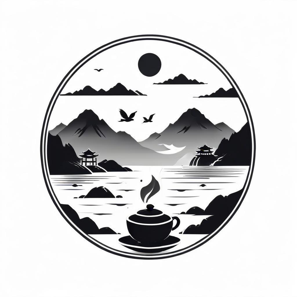  monochrome create a logo for a chinese teahouse using images of the sea, mountains, tea bowl . black and white, contrast, tone, texture, detailed, logo