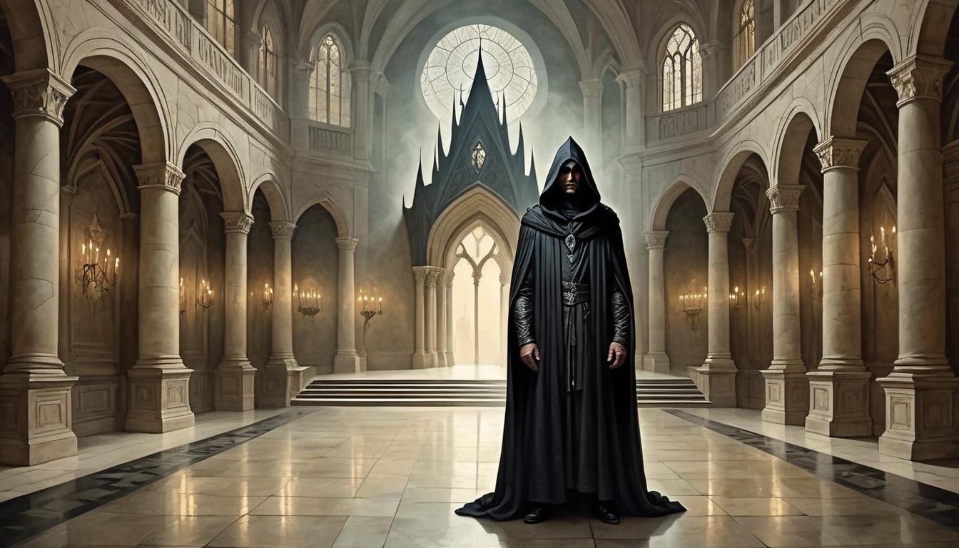  on parchment, surrealism+++, a majestic figure, hooded and cloaked, standing at the entrance of a grand hall, darkness and light intertwining, transformative, regal(mysterious, provocative, symbolic,muted color)+++