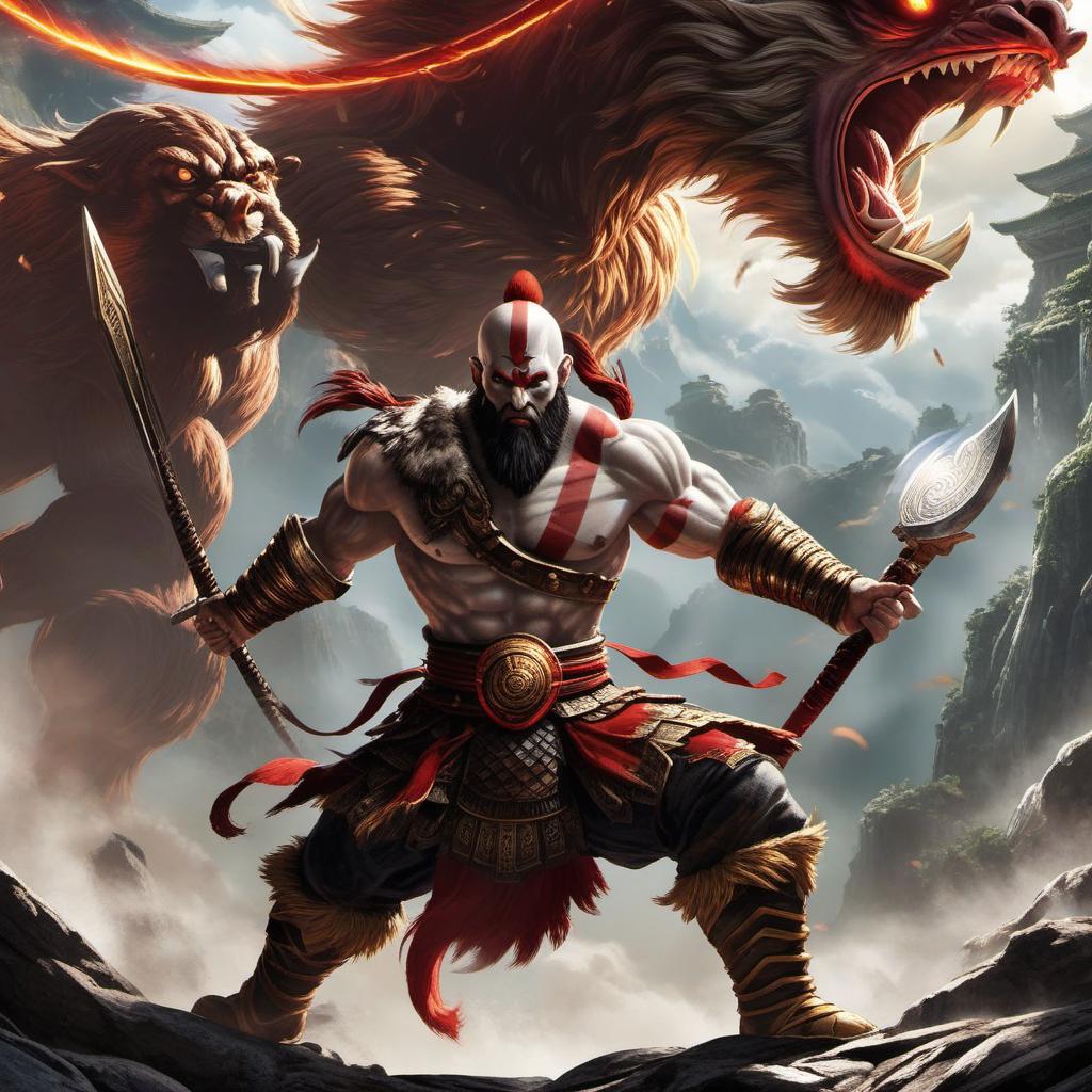  kratos facing off with sun wukong , mythological style