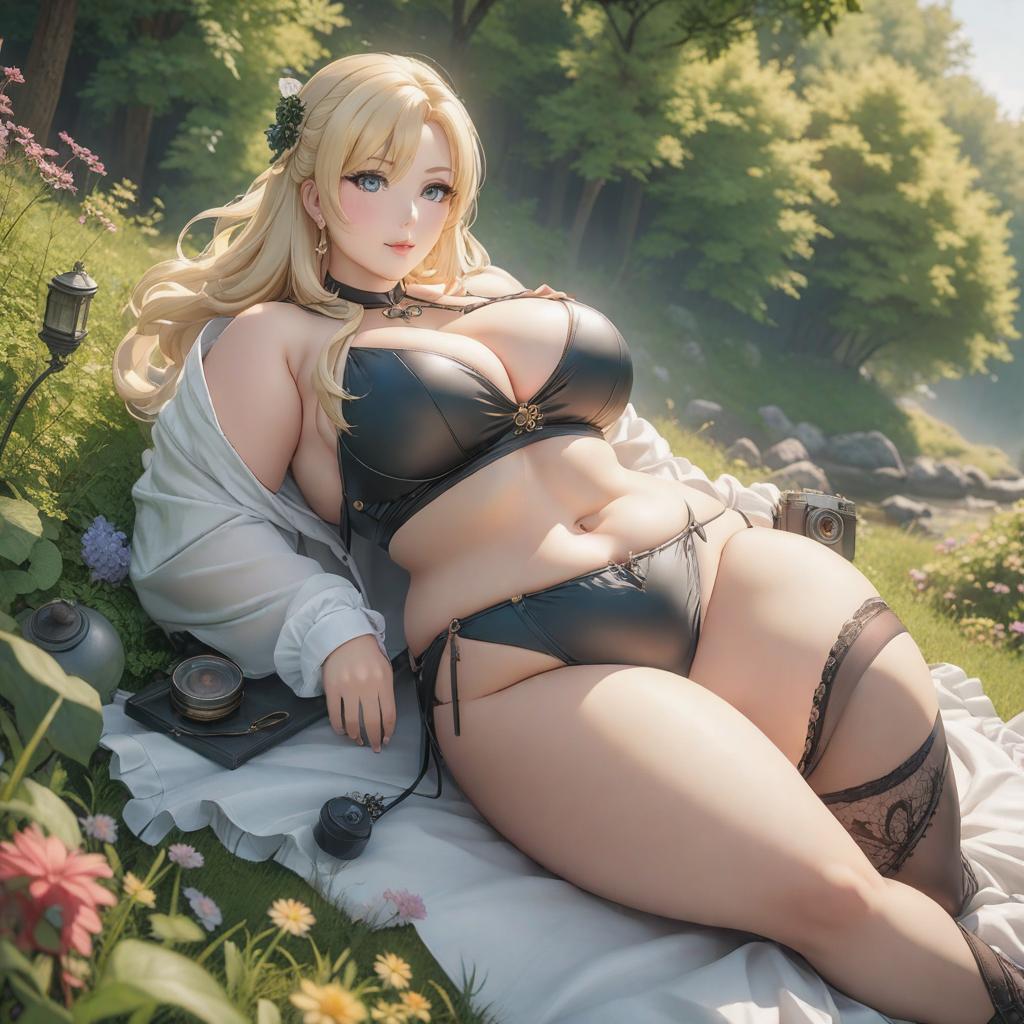  blonde, chubby, curvy, , old, , , lying in gr, , nordic look, big s, summer, , ((anime)) hyperrealistic, full body, detailed clothing, highly detailed, cinematic lighting, stunningly beautiful, intricate, sharp focus, f/1. 8, 85mm, (centered image composition), (professionally color graded), ((bright soft diffused light)), volumetric fog, trending on instagram, trending on tumblr, HDR 4K, 8K