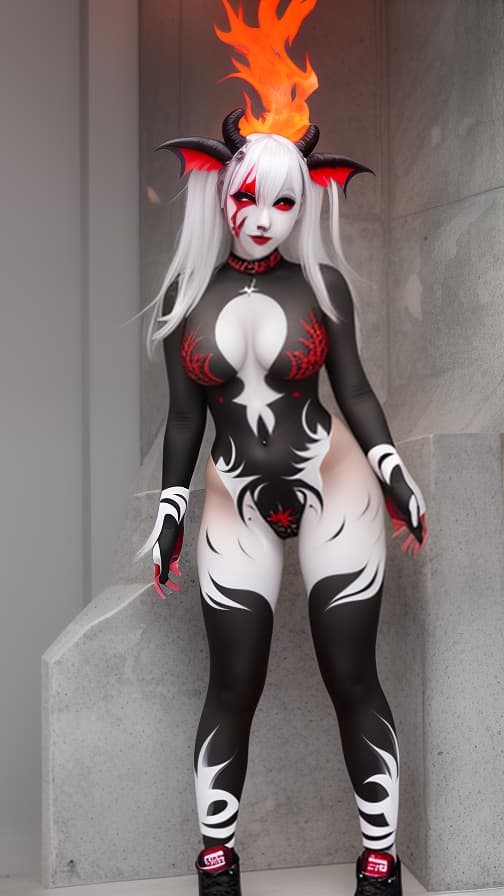  White and red flame pattern body paint in every corner of the whole body, Black body paint full body, grey face paint on the face, two succubus, full body image 女性