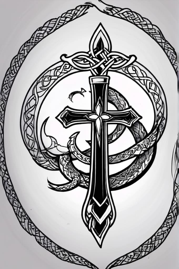  celtic cross withs dragon wrapping around it, (tattoo sketch:1.25), drawing