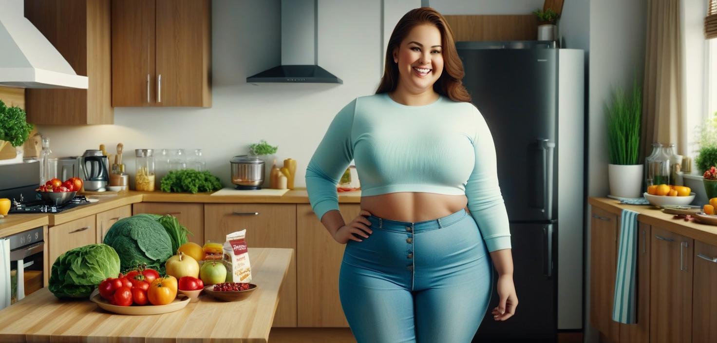  hyperrealistic art a full length fat smiling young woman with a narrow waist measures her waist standing in the kitchen near the food table . extremely high resolution details, photographic, realism pushed to extreme, fine texture, incredibly lifelike