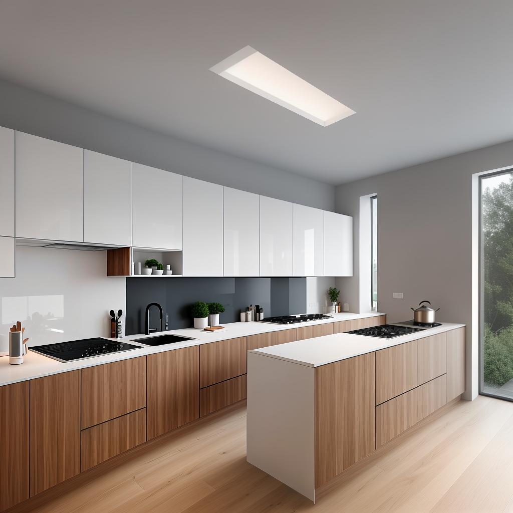  A modern and stylish kitchen interior designed by TuRum, featuring minimalist design with a combination of light and neutral colors (white, gray, wooden tones) and sleek black accents. The kitchen includes built-in appliances like an oven, microwave, and dishwasher, with spacious cabinets and pull-out systems for optimal storage. The countertops are made of high-quality materials, and the layout is either straight or L-shaped to fit small spaces. Additional elements include bottle holders, organizers, railings, and hidden hoods. The overall look is clean, functional, and elegant, with a focus on practicality and ease of maintenance. hyperrealistic, full body, detailed clothing, highly detailed, cinematic lighting, stunningly beautiful, intricate, sharp focus, f/1. 8, 85mm, (centered image composition), (professionally color graded), ((bright soft diffused light)), volumetric fog, trending on instagram, trending on tumblr, HDR 4K, 8K