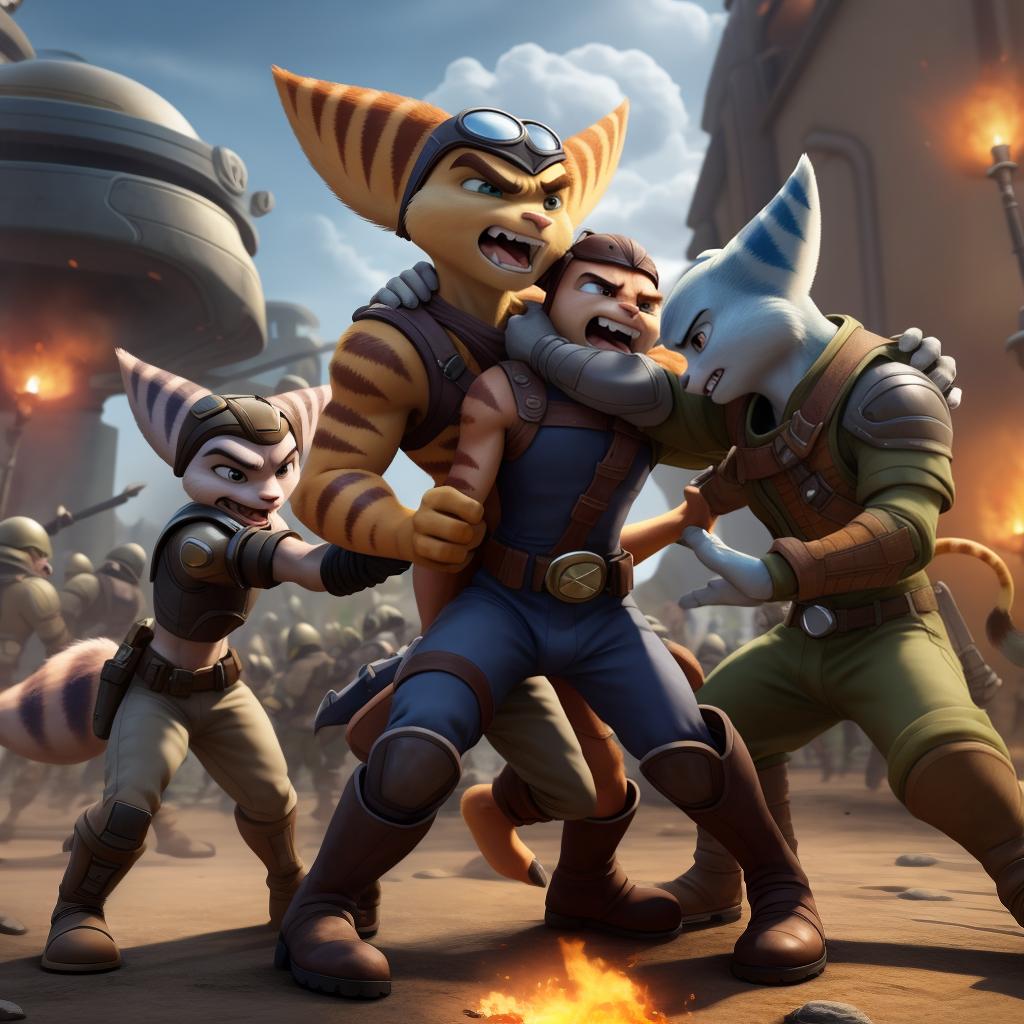  Male ratchet and clank (insomniac) full body, group, clothes, gloves and boots, attack, combat, war, angry, gay, fighting, hand to hand combat, punching, retraining, 4 vs 1, grabbed, neck grab, ganged up upon, hand grabs crotch, suffocating, open eyes, digital art, masterpiece, 4k, fine details,