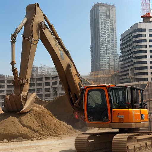  photo of a woman on a construction site operating an excavator. her serious expression and confident movements underscore her professionalism. against the background, a partially erected skyscraper and workers in helmets are visible, creating a sense of dynamics.