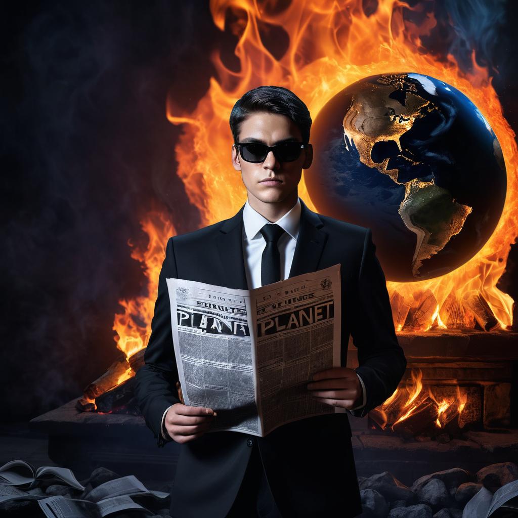  the image shows a young man wearing a black suit and sunglasses, holding a newspaper with the words "logo planet" written on it. he is standing in a dark room with a fireplace in the background. the man is looking directly at the camera with a serious expression on his face. the newspaper is open to a page with a picture of a globe and the word "logo planet" on it, and there are flames coming out of it, creating a dramatic and powerful atmosphere. the overall mood of the image is dark and mysterious., high quality, high details, hd, perfect composition, 4k epic detailed, highly detailed, sharp focus, high resolution