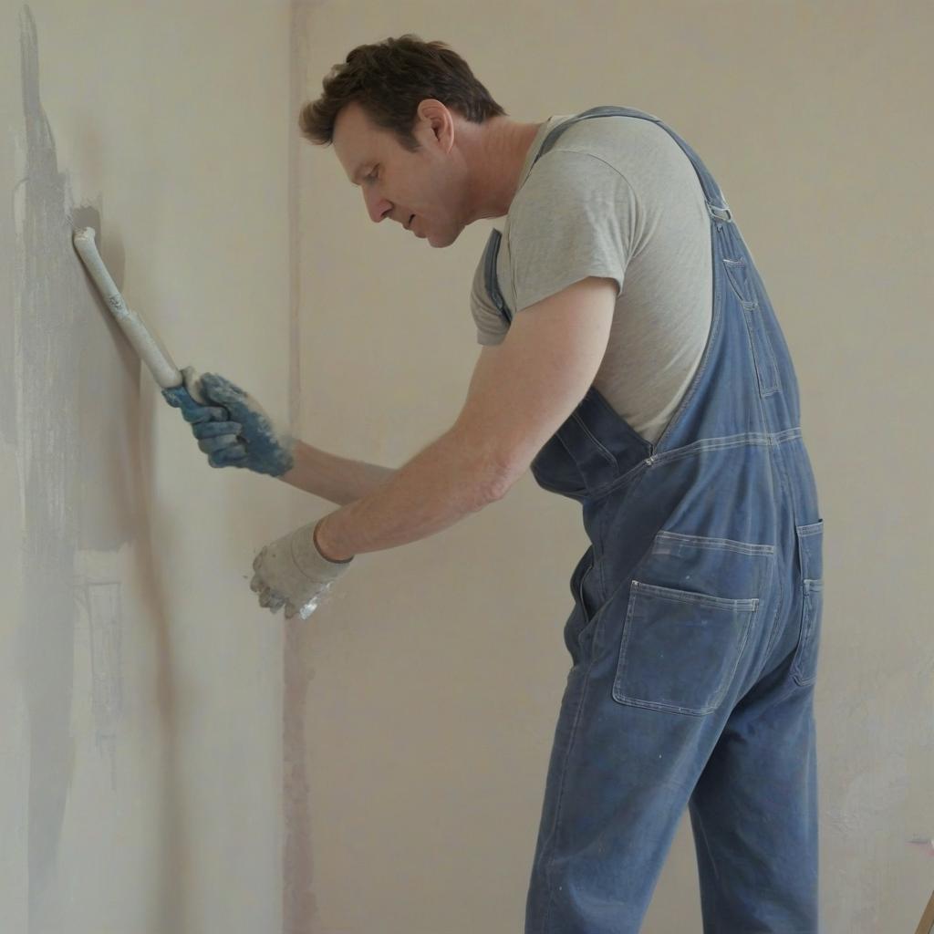  a man in overalls paints a wall with one roller