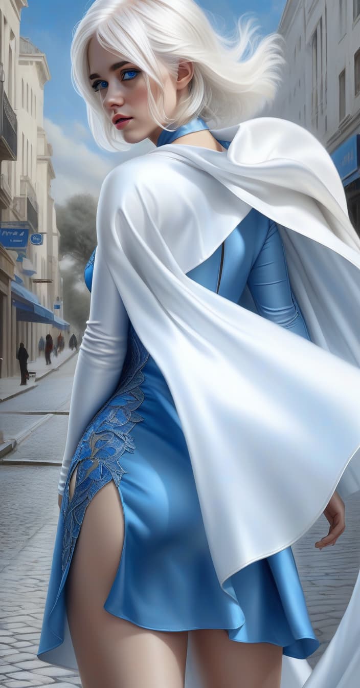  hyperrealistic art girl, bright blue dress with a cut at the waist, white cape, white hair. . extremely high resolution details, photographic, realism pushed to extreme, fine texture, incredibly lifelike, perfecteyes