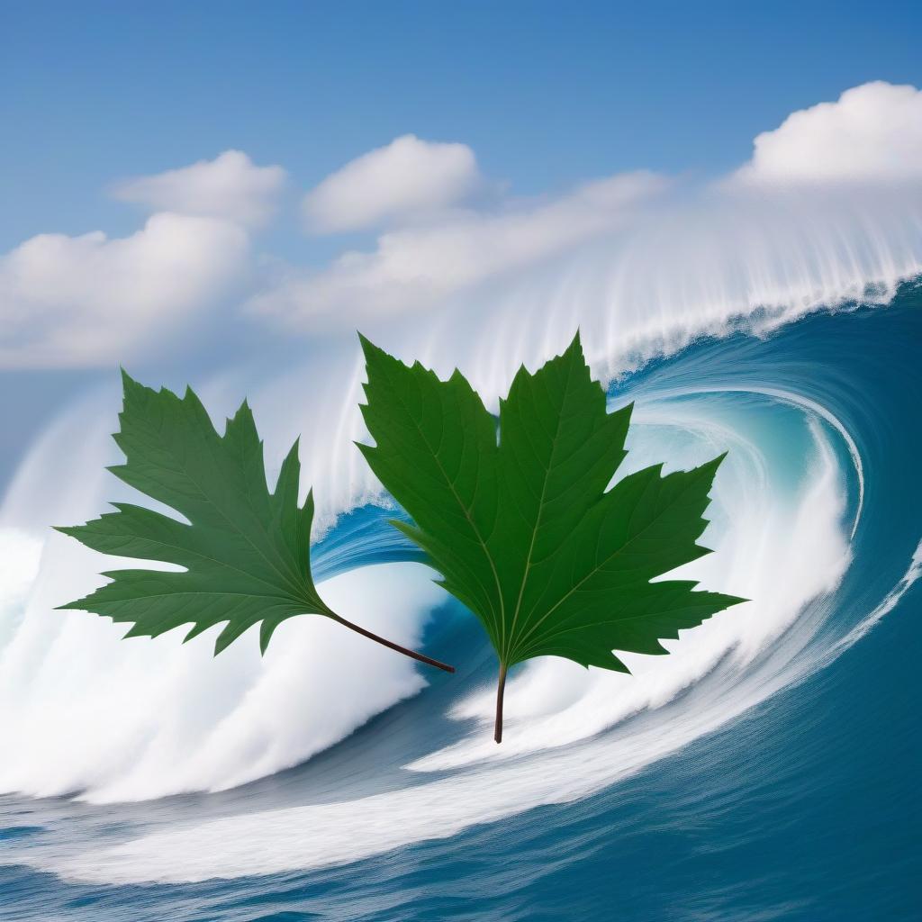  The blue ocean, the crest of a large wave drives a ship in the form of a green leaf