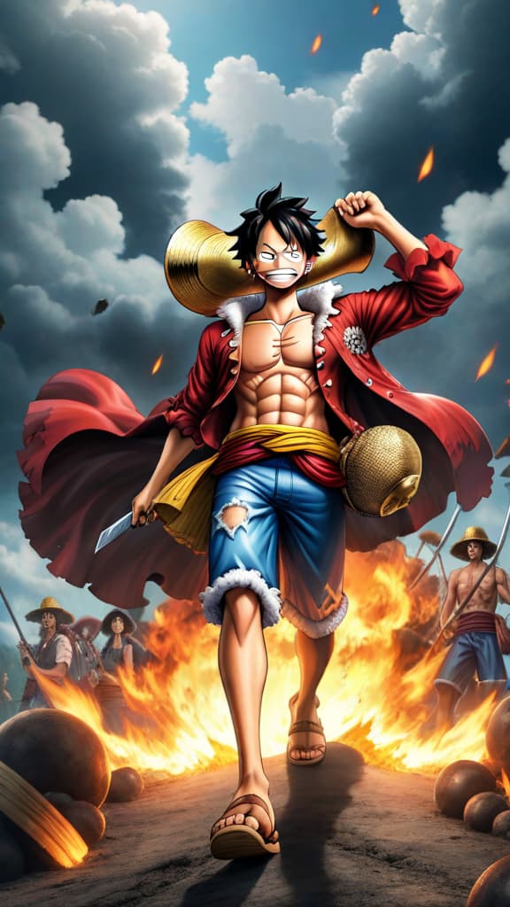  one piece anime art, luffy joining the revolutionary army, intense and dynamic atmosphere, urgent and explosive mission hyperrealistic, full body, detailed clothing, highly detailed, cinematic lighting, stunningly beautiful, intricate, sharp focus, f/1. 8, 85mm, (centered image composition), (professionally color graded), ((bright soft diffused light)), volumetric fog, trending on instagram, trending on tumblr, HDR 4K, 8K