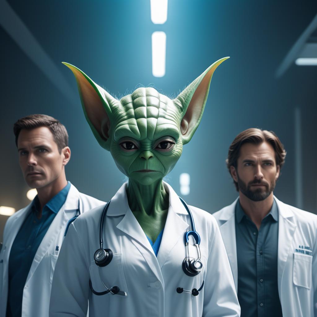  An extremely dynamic and epic scene integrating plot twists into the journey and mission of Malikai and his team on Earth, focusing on characters who look similar to their real-life counterparts. At the forefront, we have Malikai, a green-skinned being resembling Yoda based on the provided photo, exuding a powerful yet serene presence. Surrounding him in action poses are his team members: Sarah, a compassionate doctor in her white coat, appearing thoughtful and strong with a hint of hidden power indicating her special ancestry; Mike, an inspiring teacher with blue shoelaces, depicted with an aura of inner conflict but also determination; Jake, a community-driven mechanic in a blue khaki suit, working with hybrid technology and a sentient to hyperrealistic, full body, detailed clothing, highly detailed, cinematic lighting, stunningly beautiful, intricate, sharp focus, f/1. 8, 85mm, (centered image composition), (professionally color graded), ((bright soft diffused light)), volumetric fog, trending on instagram, trending on tumblr, HDR 4K, 8K