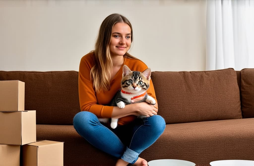  girl sitting on sofa holding small kitten in modern bright apartment, paper boxes nearby ar 3:2, (natural skin texture), highly detailed face, depth of field, hyperrealism, soft light, muted colors