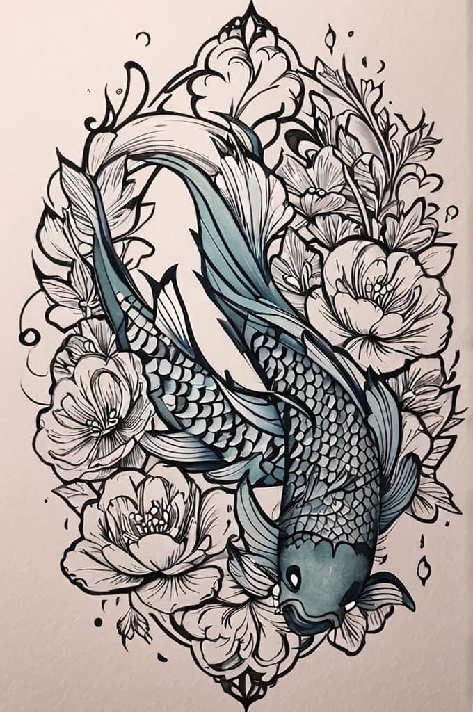  3 koi fish, flowers, clouds, (tattoo sketch:1.25), drawing