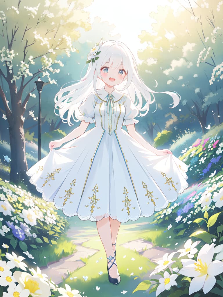  young , dress, flower garden, long hair, laughing, running, white hair, masterpiece, best quality,8k,ultra detailed,high resolution,an extremely delicate and beautiful,hyper detail hyperrealistic, full body, detailed clothing, highly detailed, cinematic lighting, stunningly beautiful, intricate, sharp focus, f/1. 8, 85mm, (centered image composition), (professionally color graded), ((bright soft diffused light)), volumetric fog, trending on instagram, trending on tumblr, HDR 4K, 8K