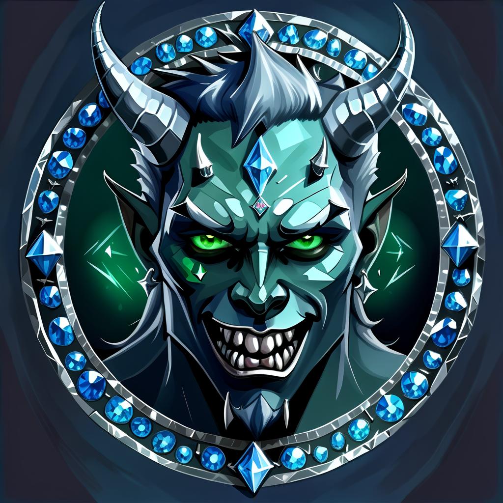  concept art diamond devil, portrait. dark green eyes, man. kind. hair gray. with fangs and horns. colors blue, blue, silver . digital artwork, illustrative, painterly, matte painting, highly detailed