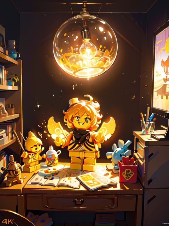  master piece, best quality, ultra detailed, highres, 4k.8k, a young , embling a lego structure, excited and focused, break a story of creativity and imagination, her colorful bedroom, lego bricks, a large lego instruction manual, a toy storage box, a desk lamp, break bright and cheerful, soft lighting, a sense of creativity and imagination,