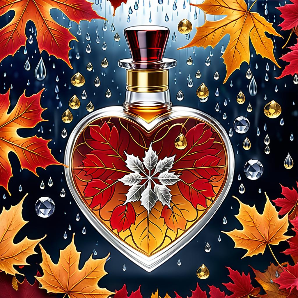  luxury product style a time for sad poems, vermouth and umbrellas. in a cloud of tart spirits autumn has come to moscow. (postcard background). elegant single transparent (unusual) perfume bottle (diamond shaped: 1.4), (bright gold liquid: 1.8), large bright rose, (scarlet: 1.3) misty fractal swirls, silver and (silver: 1.4) accents. (rain jets and raindrops), plasticity,falling maple leaves, raindrops, autumn fog, perfume bottle. "autumn romance", vintage, greeting card. autumn in the heart, (beautiful couple):man and woman, two faces in profile created from raindrops, heart (heart), beautiful figure made of maple leaves outlines in the shape of a heart. (heart colour): night sky background, the figure is gold. (style):fantasy, autumn art