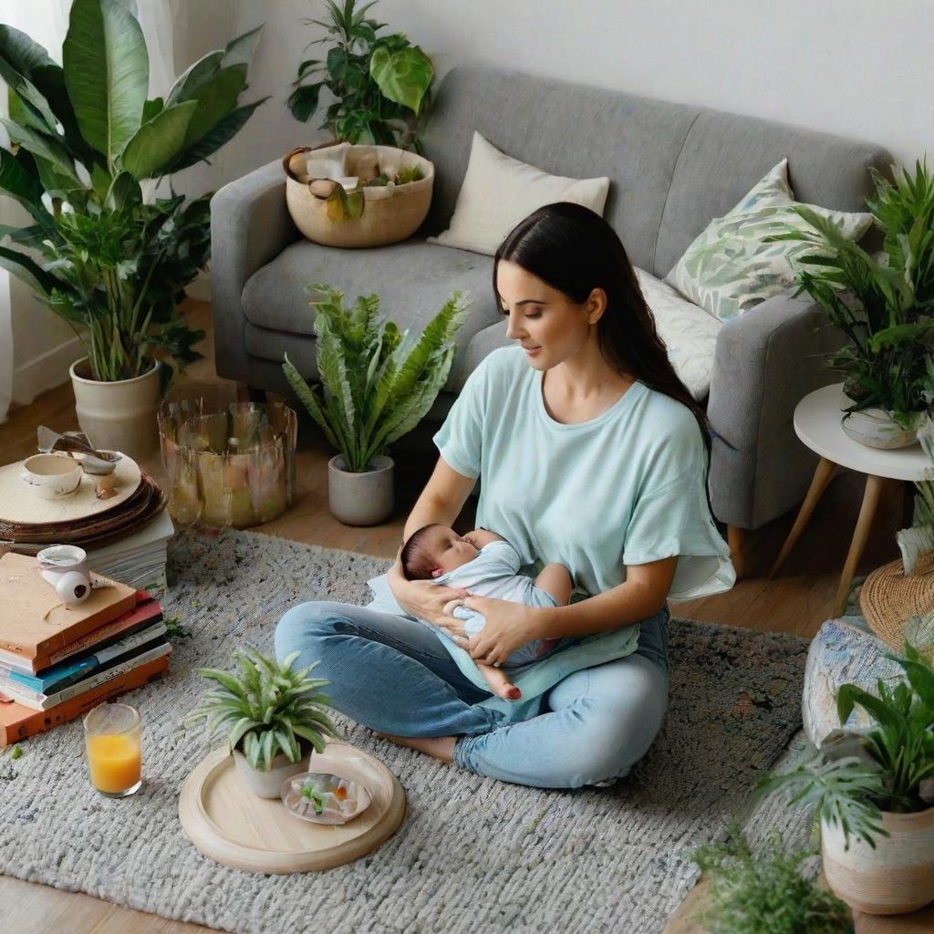  texture beautiful mother feeding her in a living room surrounded by plants and a mess everywhere top down close up