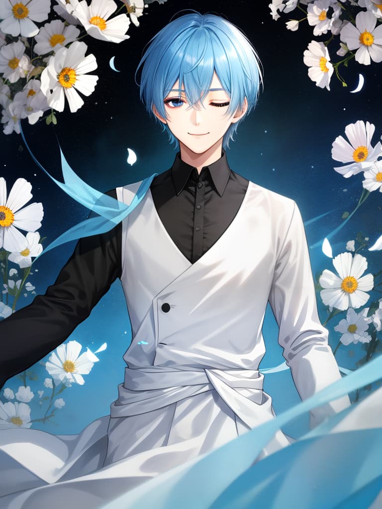  best picture,solo,(( slender male)),handsome,delicate blue hair color,(((delicate black eye color))),one eye closed,smiling,simple shirt with long black sleeves,cosmos flowers,high quality,16k