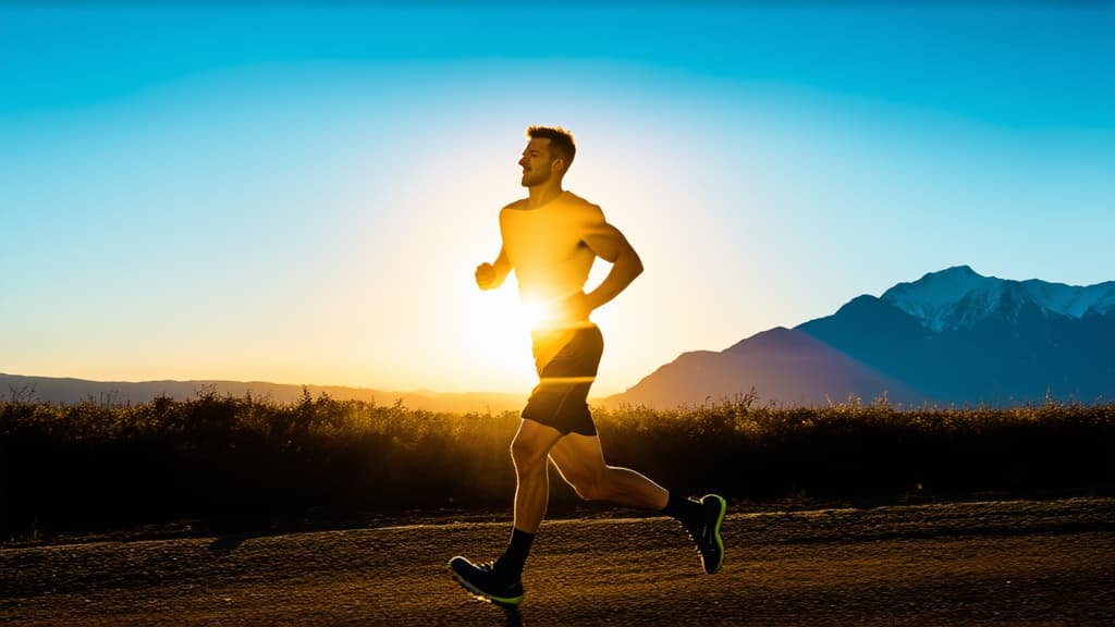  professional detailed photography, "create an image of a runner using double exposure technique. in the foreground, a sportsman in a dynamic pose, and in the background, a landscape with mountain peaks and a sunset, creating an atmosphere of freedom and energy." ar 16:9, (muted colors, dim colors, soothing tones), (vsco:0.3)