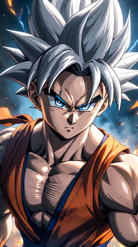  anime art: gohan achieves ultra instinct with silver hair in an intense battle. hyperrealistic, full body, detailed clothing, highly detailed, cinematic lighting, stunningly beautiful, intricate, sharp focus, f/1. 8, 85mm, (centered image composition), (professionally color graded), ((bright soft diffused light)), volumetric fog, trending on instagram, trending on tumblr, HDR 4K, 8K