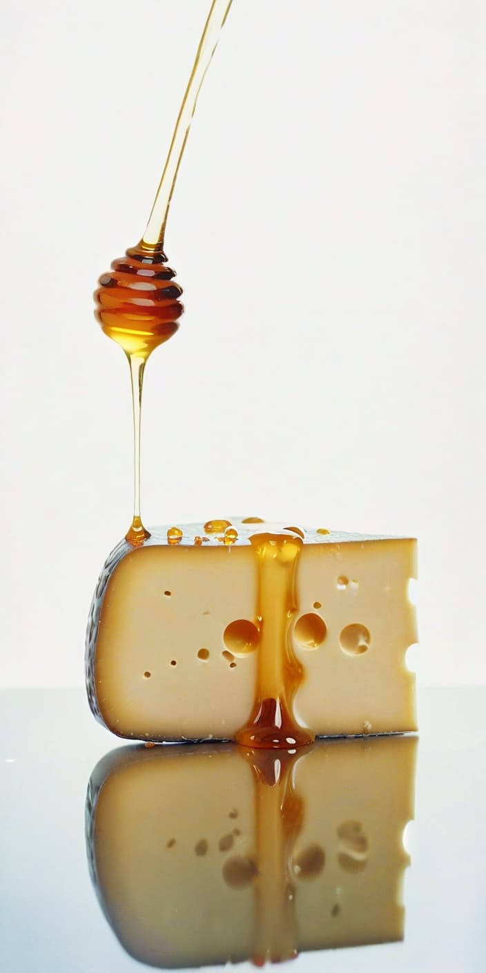  cheese watered with honey, beautiful reflection, film photography style