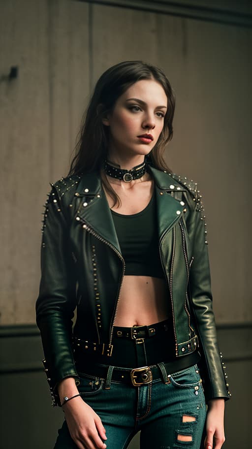  ((best quality)), ((masterpiece)), (detailed), a beautiful punk rock girl, in a leather jacket with rivets and torn jeans . against the background of the concert scene. choker, aggressive posture, green eyes, you can see a well structured abdomen., slate atmosphere, cinematic, dimmed colors, dark shot, muted colors, film grainy, lut, spooky