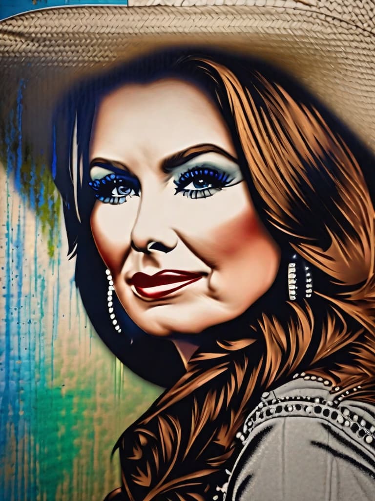  The young country singer Loretta Lynn, medium shot, upper body, spotlight, long exposure lighting, street art style spray paint, glamour lighting