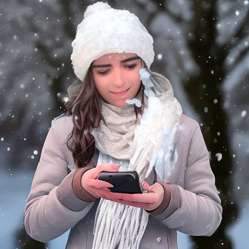  frosty katie, a girl who freezes her eyes, a brown man holding an ice covered phone in her hand, all around her is snow