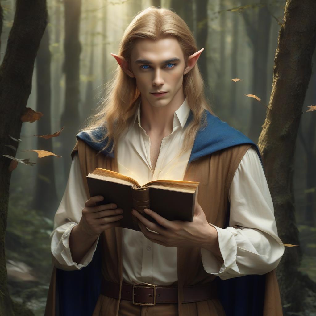  very handsome low and slender elf with light skin, long straw hair and blue eyes, dressed in a white shirt and brown pants, a brown cloak hangs on his shoulders, an open book with leather binding and a drawing of wood from golden lines flies, a gloomy forest, hkmagic