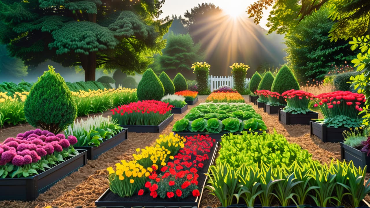  a vibrant garden layout featuring neatly arranged raised beds, diverse vegetable plants, pathways of mulch, and colorful companion flowers, under a bright sunlit sky, showcasing optimal spacing and organization for efficient vegetable growth. hyperrealistic, full body, detailed clothing, highly detailed, cinematic lighting, stunningly beautiful, intricate, sharp focus, f/1. 8, 85mm, (centered image composition), (professionally color graded), ((bright soft diffused light)), volumetric fog, trending on instagram, trending on tumblr, HDR 4K, 8K