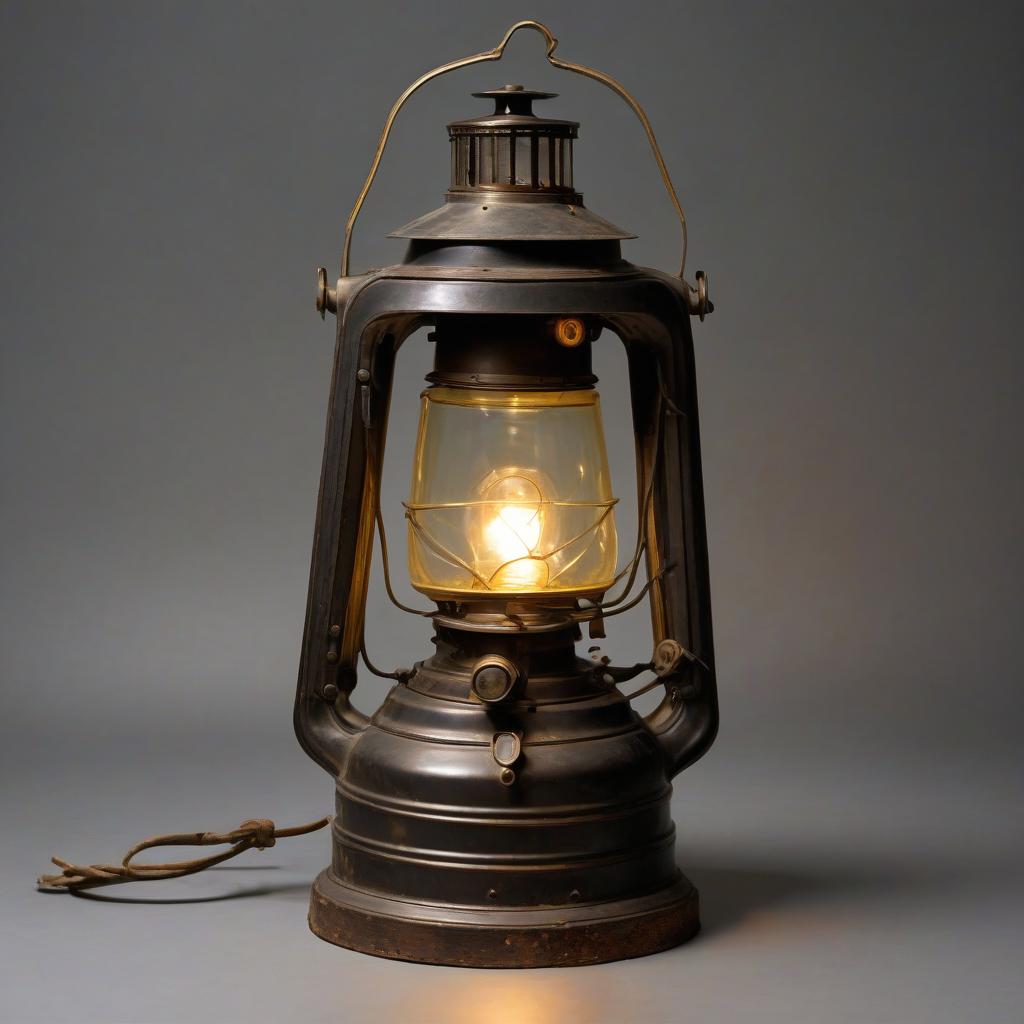  an antique railroad lantern with a signal kerosene lamp. wooden sleepers.