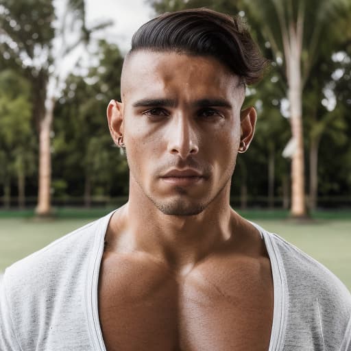 portrait+ style Colombian queer fitness trainer brunette hunk dude face