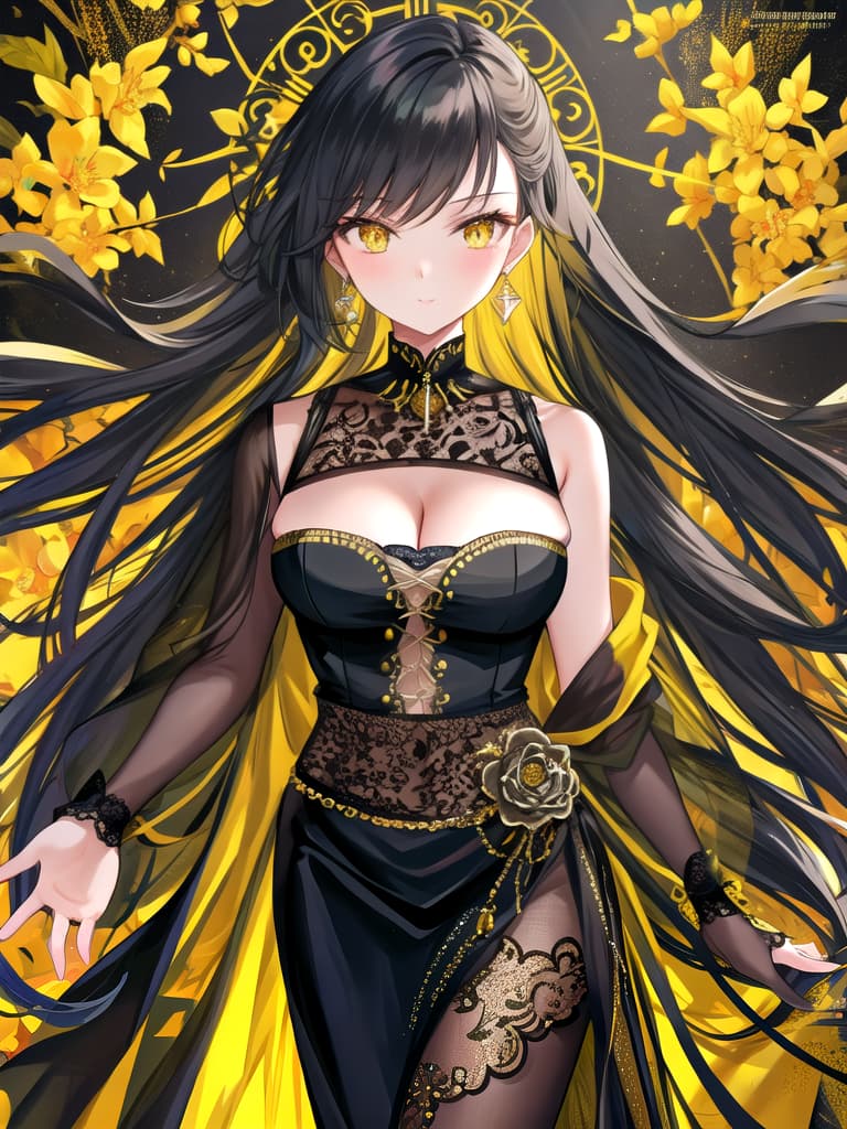  Golden yellow and sleek black color palette, captivating and inviting expression, exuding elegance and charm, magnetic beauty, intricate details, high contrast, luxurious feel, digital art, female, glossy finish, striking composition, dynamic lighting to enhance features.