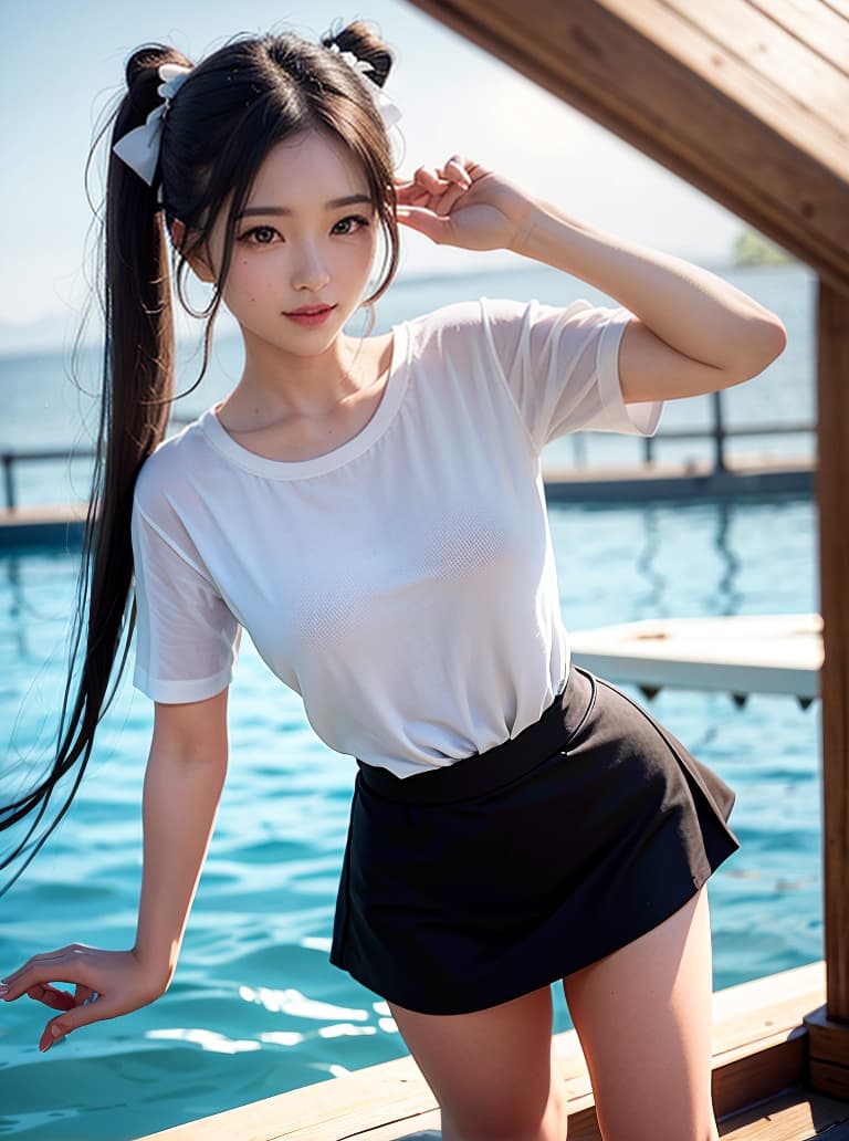  best quality, masterpiece, photo, beautiful hair, beautiful face, beautiful eyes, beautiful skin, , detailed skin, 1girl, , , japanese , brown hair, black eyes, short high twintail, white t shirt, hair ribbon,( slightly :1.1), tangled hair, smile, skin, clothes, in water, windy, poolside, front lighting, front light, bloom, cow shot, hyperrealistic, full body, detailed clothing, highly detailed, cinematic lighting, stunningly beautiful, intricate, sharp focus, f/1. 8, 85mm, (centered image composition), (professionally color graded), ((bright soft diffused light)), volumetric fog, trending on instagram, trending on tumblr, HDR 4K, 8K