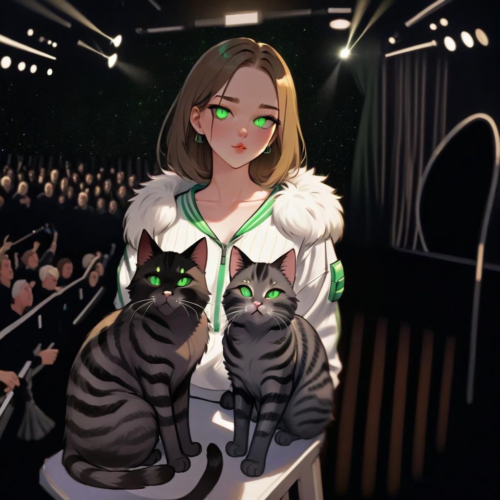  girl with dark green eyes, two furry striped cats, space, spotlights, view from the stage, microphone, music, royal grace